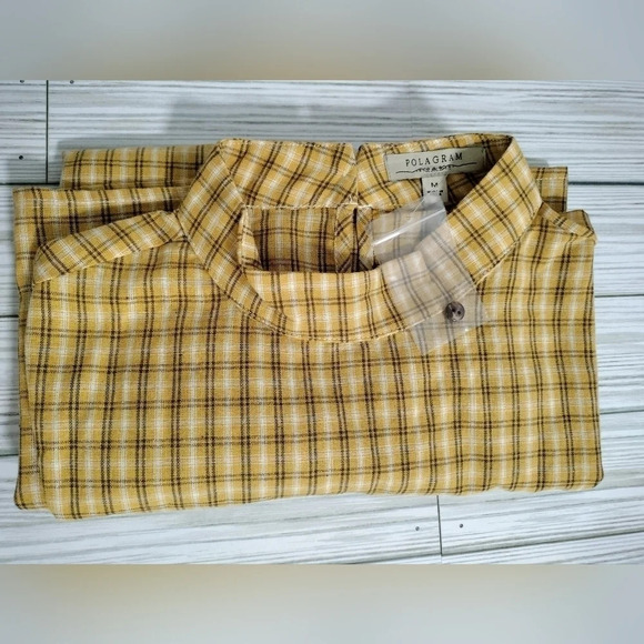 Polagram Sz Medium Yellow Plaid Top High Collar Short Sleeves Keyhole Back NWOT - Picture 7 of 7